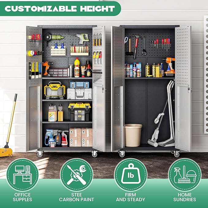 Garage Metal Storage Cabinet,71 Rolling Tool Cabinet with Pegboard and 3 Adjustable Shelves,Heavy-Duty Shelving Unit with Lockable Doors for Garage,Workshop,Home & Office Organization