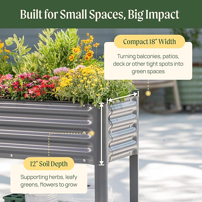 Elevated Raised Garden Bed- Slim Series, 1.5' x 5.5' Outdoor Planters Boxes with Legs & Storage Rack for Patio, 750 Lbs Weight Capacity, Raised Beds for Gardening Herbs Vegetables Flowers, Pearl White