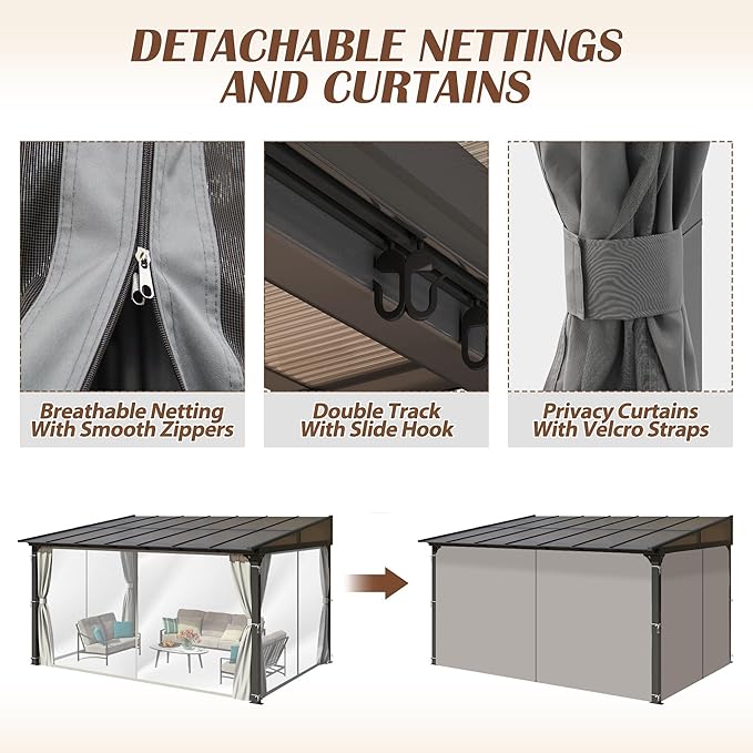 10 x13FT Outdoor Wall-Mounted Hardtop Gazebo, Aluminum Frame Lean to Gazebo with Polycarbonate Roof and Curtains for Patio, Garden, Deck