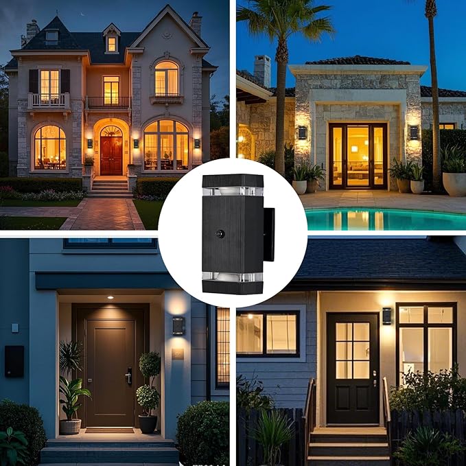 Outdoor Wall Lights 6 Packs, Integrated LED Up Down Lights, Modern Black Outdoor Wall Light with Dusk to Dawn Sensor Aluminum Exterior Wall Light for Porch Patio Door