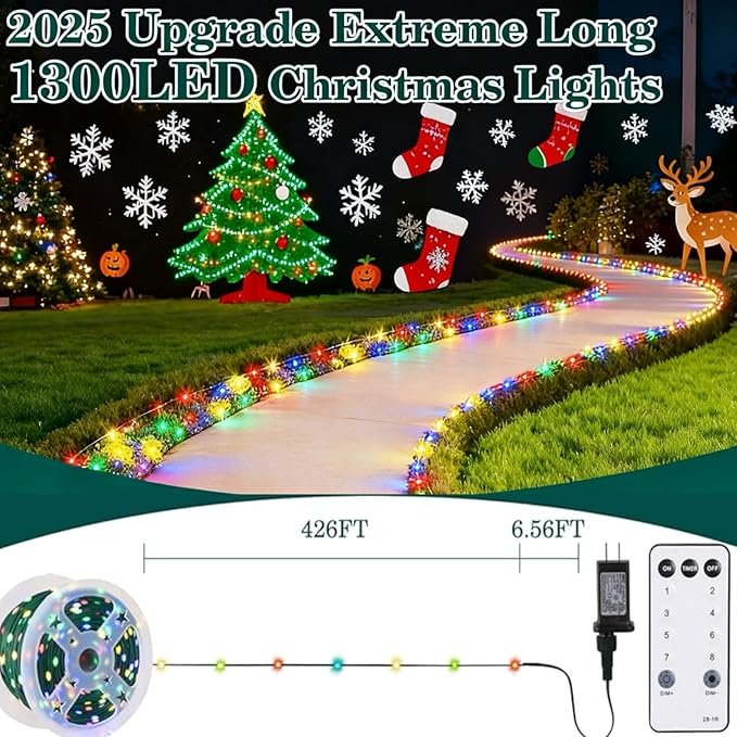 Christmas Lights,1300 LED 426FT Upgrade Long Outdoor String Lights Waterproof Christmas Roll Light Fairy Tree Xmas Long Light Decorations with Remote Plug in for Indoor Party Yard Garden-Multicolored