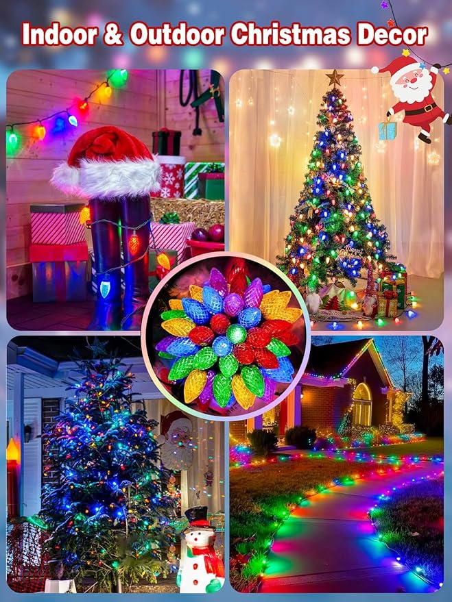 2-Pack 66FT 100LED Extendable C9 Christmas Lights Outdoor/Indoor, Waterproof Christmas String Lights Plug in, Green Wire Fairy Lights for Xmas Tree Garden Patio Wedding Party Decoration (Multicolor)