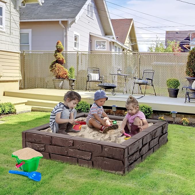 GLACER Sandbox with Cover, 47x 47 HDPE Sand Box w/Oxford Cover, Bottom Drainage Oxford Liner, All Weather Resistant Sand Pit in Backyard Lawn Garden Beach for Kids (Brown)