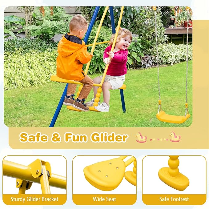 Costzon 440 lbs Swing Set for Backyard, 2-in-1 Heavy Duty Extra Large Metal Swing Frame w/2 Swings, Glider, Adjustable Hanging Ropes, Outdoor Playset Great Gift for Kids
