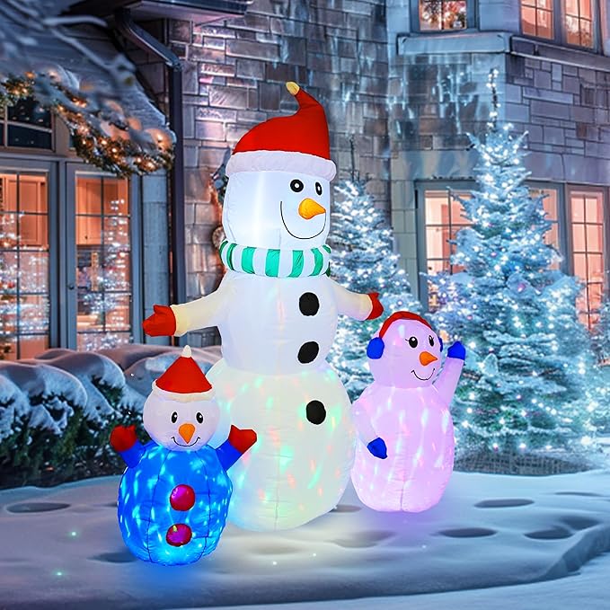 Hourleey 6 FT Christmas Inflatable Snowman Outdoor Decorations, Blow up Snowman Built-in Colorful Rotating LED, Waterproof Christmas Decoration for Yard Garden Lawn Xmas Holiday Decor