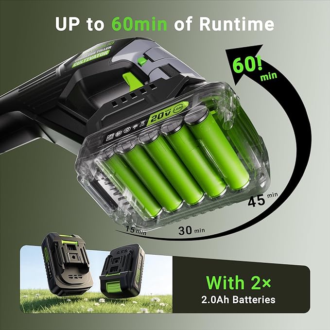20V Cordless Tiller Cultivator, Lightweight 360RPM Electric Garden Tiller with 2 * 2.0Ah Batteries, 9 Width, 6.6 Depth, 48 Steel Tines Mini Rototiller for Weeding, Gardening & Soil Cultivation Green