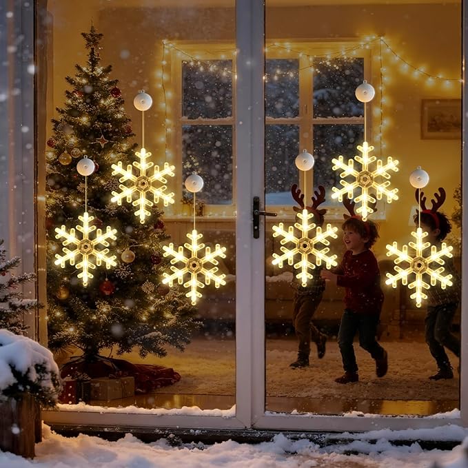 3Pack Christmas Window Lights Decorations with Timer,Battery Powered Christmas Hanging Warm White Lighted Snowflake Shaped LED Sucker for 2026 Xmas Tree Fireplace Indoor Decor