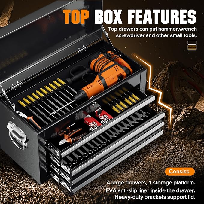 Crownland 5-Drawer Rolling Tool Chest with Wheels, Lockable 2 in 1 Detachable Tool Cabinet wit Drawers and Black Liners, Garage Top Toolbox & Bottom Storage Cart with Side Hooks(Black)