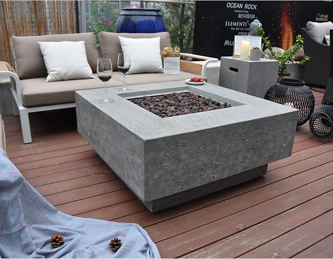 Elementi Manhattan Concrete Fire Pit 36 x 36 Outdoor Patio Firepit Includes Lava Rocks Modern Fire Pits & Outdoor Fireplaces for Garden, Deck, Indoor & Outdoor Heating