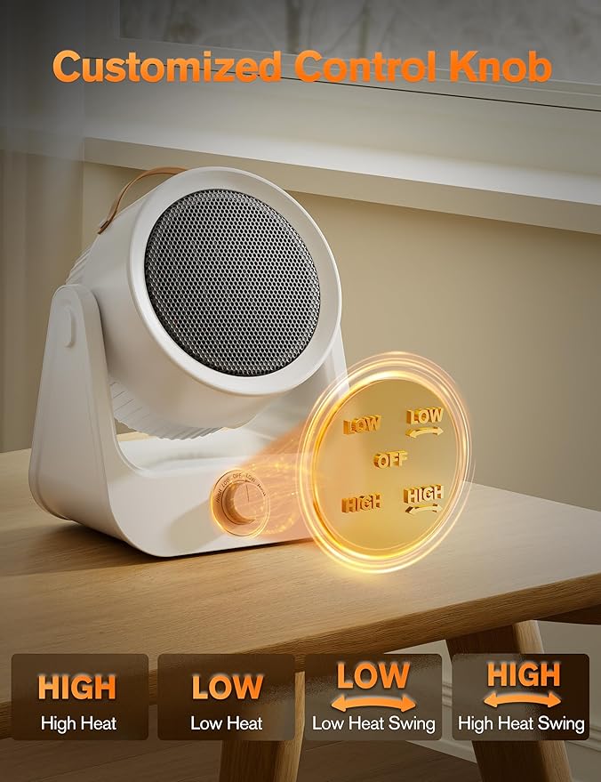 Electric Space Heaters For Indoor Use, 100¡Æunlimited Oscillating, 2S Instant Heating, 1500WPTC Ceramic Electric Patio Heaters For HomeOffice, Tip-Over & Overheat Protection, 2 Heating Modes, SnowWhite