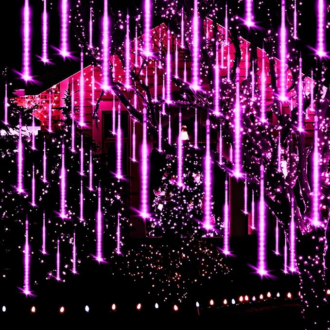 Halloween Lights Outdoor, Purple Halloween Decorations Meteor Shower Light Christmas Lights Outdoor 8 Tubes 192 LED Falling Rain Dripping Icicle Light for Xmas Christmas Decor Party,UL Plug