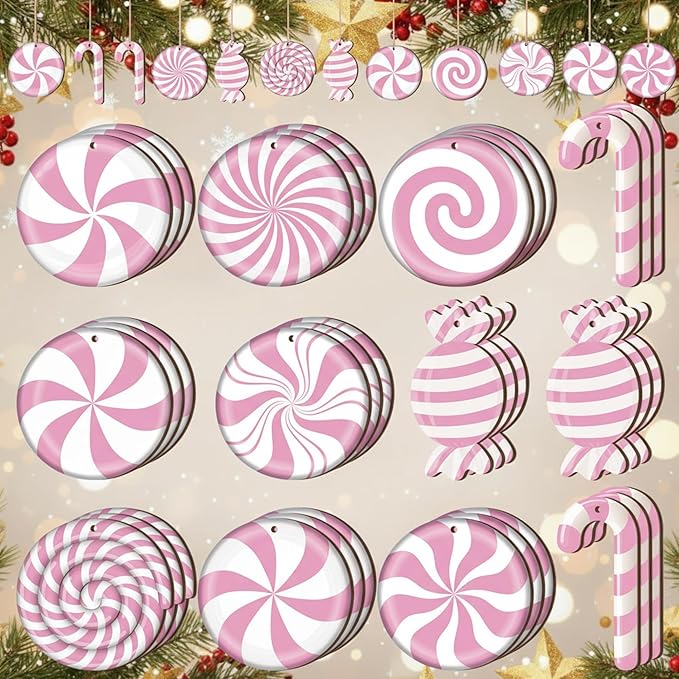 Qunclay 36 Pieces Candy Cane Christmas Ornaments Wood Hanging Lollipop Ornaments Wood Cutouts Peppermint Christmas Decor for Xmas Tree Home Decoration Party Supplies