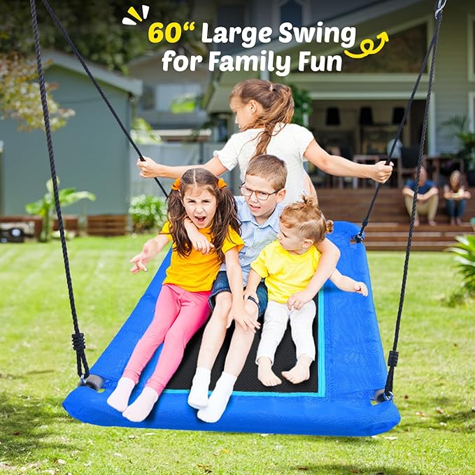 Trekassy 60 Large Platform Saucer Swing with Frame for Kids Outdoor, 440lbs Swing Set with Heavy Duty Metal Swing Stand for Backyard, Outdoor Kids Play Equipment (Blue)