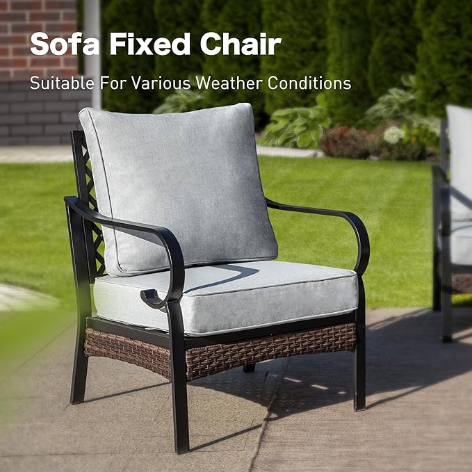 6 Piece Black Metal Outdoor Patio Furniture Sets with Firepit Table, Patio Conversation Sets 1 3-Seater Sofa, 4 Single Sofa with 5.75" Cushion Backyard Furniture for Deck, Light Gray