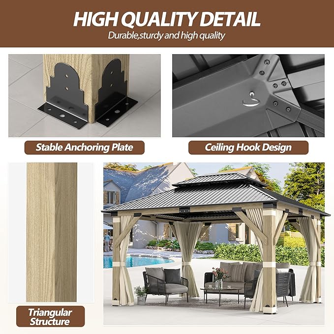 13'x15' Wood Gazebo,Cedar Wood Hardtop Gazebo with Netting and Curtains, Outdoor Wooden Frame Gazebos with Galvanized Steel Double Roof for Patio Garden Deck