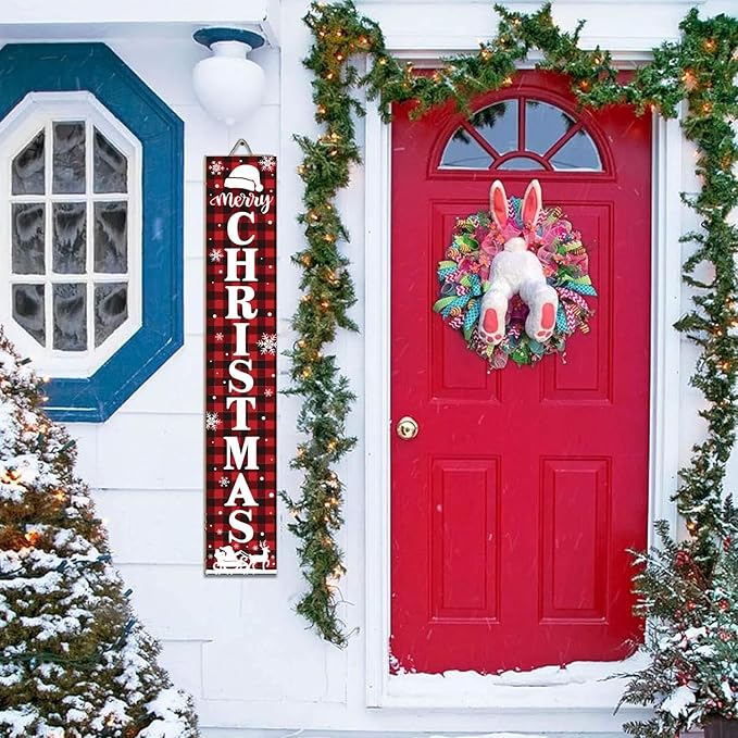 Nialnant Merry Christmas Welcome Porch Sign, Vertical Santa Welcome Sign for Front Porch, Winter Yard Christmas Sign for Porch Door Indoor Outdoor Holiday Decoration - 47.2" X 7.8