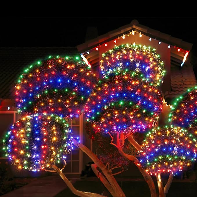 WBao Solar Christmas Lights Outdoor 200LED 8.4ft x 5.2ft Christmas Net Lights with Remote, 8 Lighting Modes, Timer, Waterproof for Lawn, Bushes, Shrubs, Trees Outdoor Xmas Decorations, Multicolor
