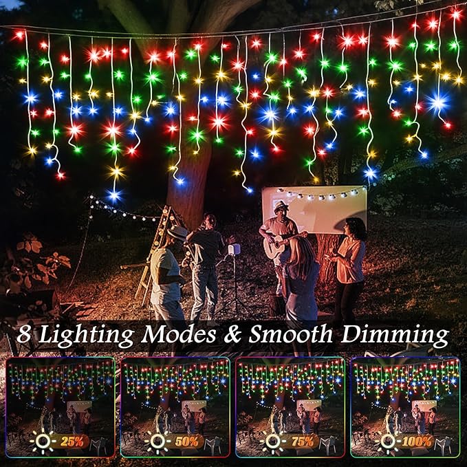 65FT 640 LED Icicle Christmas Lights - Plug in Waterproof String Lights for Outside with 120 Drops & 8 Modes, Twinkle Curtain Lights for Holiday, Wedding, Party, Home, Garden, Patio Decor (Multicolor)