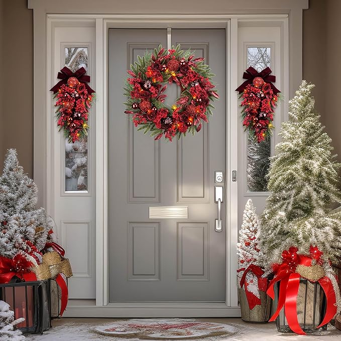 YULETIME 24" Christmas Wreath, Artificial Holiday Wreath with Baubles, Berries, Leaves, Spruce Branches, Snowy Pine Needles (Red Hydrangea)