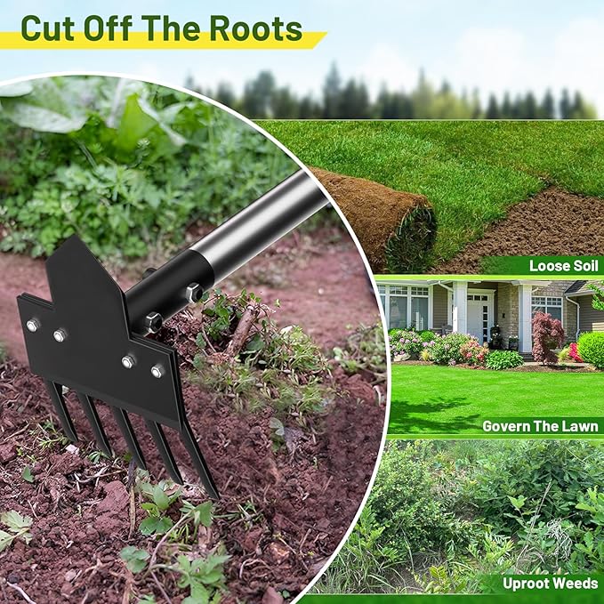 2-in-1 Heavy-Duty Weed Puller Tool with 5-Tine Rake ? 30 to 60 Adjustable Handle, Hoes for Gardening, Hoe Garden Tools for Loosening Soil, Planting, Weeding