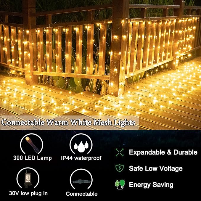 300LED Net Lights, 14.8ft x 5ft 8 Modes Connectable Christmas Outdoor String Mesh Lights, Waterproof Decorative Fairy Light Plug in for Xmas Tree Bushes Holiday Garden Wedding Party - Warm White