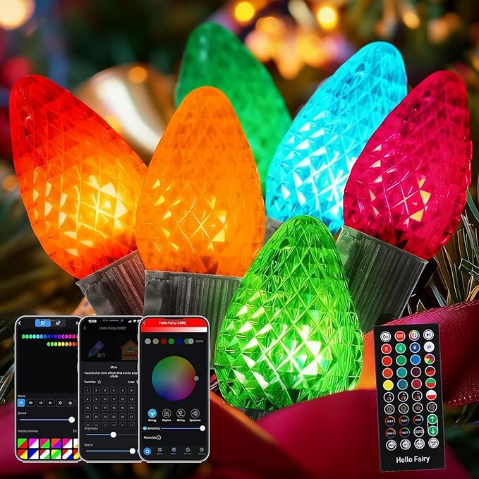 Smart C9 Christmas Lights Outdoor, 66FT 100 LED RGB with Remote,App Bluetooth Music Sync, DIY Scenes & Timers, Connectable to 198FT, IP44 Waterproof Roofline Eaves Porch Fence Decorations