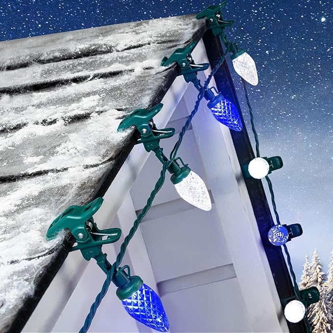 C9 LED Christmas Lights Outdoor, 68Ft 100 LED String Lights with Quick Clips, Commercial Grade Extendable Waterproof Outdoor Christmas Lights for House Outside Roofline Xmas Decor, Blue & Pure White