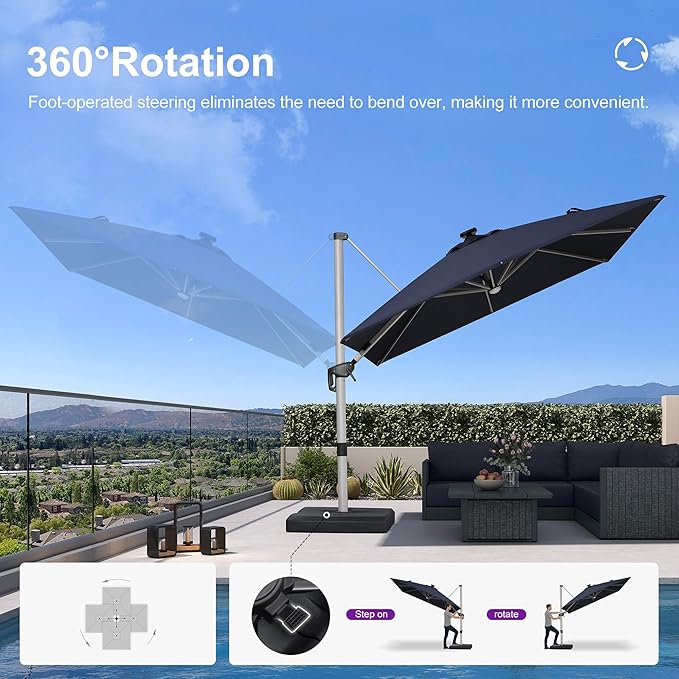 PURPLE LEAF Patio Umbrella with base 10 Feet Outdoor Square Cantilever Umbrella Solar Powered LED with 360-degree Rotation for Garden Deck Pool Patio, Navy Blue