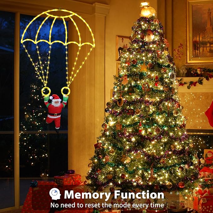 Christmas Decorations Lights Outdoor, 2.8ft LED Christmas Parachute Lights with Santa Claus, 8 Modes & Timer Battery Operated Hanging Xmas Lights for Roof Eave Balcony Home Garden Decor (Warm White)
