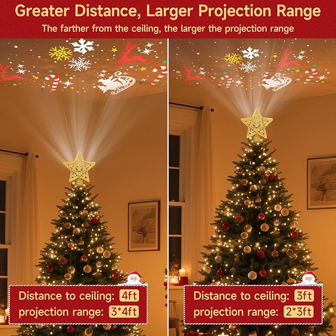 Christmas Tree Topper Lighted with Built-in LED Rotating Star Projector, 3D Hollow Glitter Gold Star Tree Topper for Xmas Party Holiday Christmas Decorations
