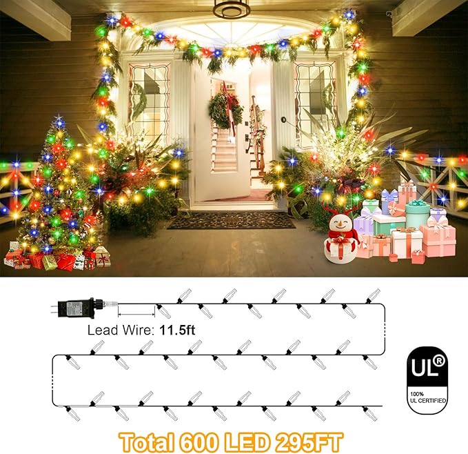 295Ft 600LED F8 Upgraded Christmas Lights Outdoor Decorations 8 Modes & Memory Timer Christmas with Plug in Waterproof Fairy String for Xmas Wedding Party Holiday Decor