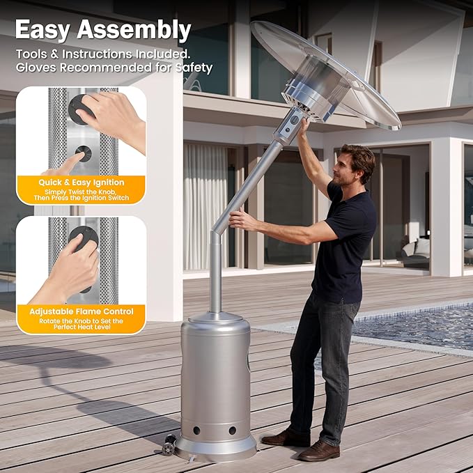 Sundale 50,000 BTU Patio Heater with wheels, Double-Layer Stainless Steel Burner Gas Powered Heaters for Outdoor Use, Propane Patio Heater for Home and Commercial Use, Heats Up to 18ft (Sliver)