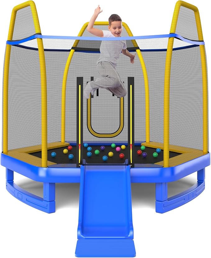 GYMAX Trampoline for Kids, ASTM Approved 7FT Trampoline with Slide, Ladder, Ocean Balls & Mats, Small Indoor/Outdoor Toddler Recreational Trampoline with Enclosure Net, Backyard Trampoline