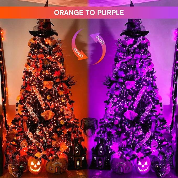 JMEXSUSS Halloween Lights, 8 Modes Waterproof Orange and Purple Light Outdoor Plug in, Clear Wire Halloween String Lights Indoor Bedroom 500 LED Orange and Purple 163 FT