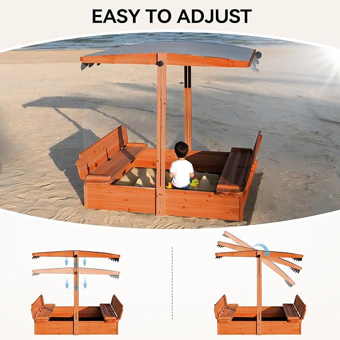 Wooden Sandbox with Lid & Canopy Cover, 48x48 Large Outdoor Sand Box for Kids Ages 4-8, with Foldable Bench Seats, UV-Resistant & Adjustable Height Roof & Bottom Liner