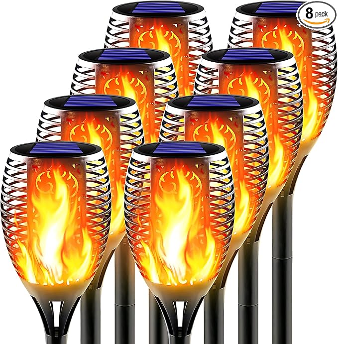 Large Solar Torch Light with Flickering Flame, Outdoor Decorative Solar Tiki Torches for Outside, Super Bright Landscape Lighting for Garden, Pathway, Yard, Auto On/Off (8 Pack)