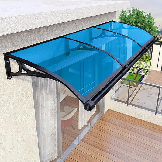 Door Canopy Window Awning Curved Rain Cover, Patio Sun Shetter, Window Awning Rain Shelter, Back Porch Garden Awning, Polycarbonate Cover, Uv Rain Snow Protection-Lake blue-60x350cm/24x138in