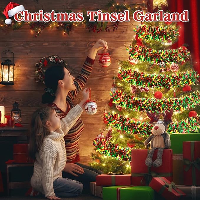 LEASEN 50 Feet Christmas Tinsel Garland Metallic Twist Garland Shiny Hanging Garland Ornaments for Christmas Tree Holiday Home Party Supplies Indoor Outdoor Decoration Red Green Gold