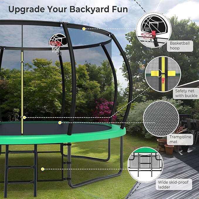 Lyromix 12 14 15 16FT Outdoor Trampolines for Kids and Adults, Pumpkin Trampolin with Curved Poles, Recreational Trampolin with Basketball Hoop and Safety Enclosure Net for Kids and Adults