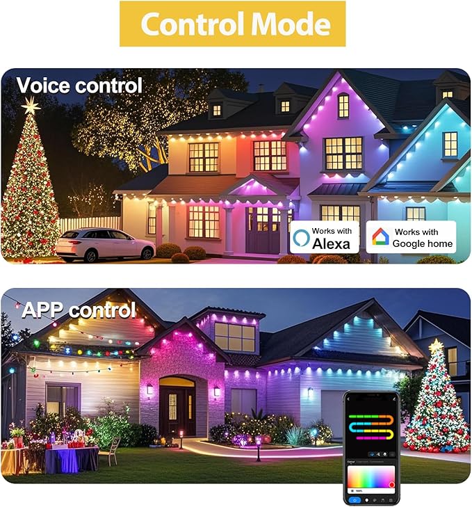 Outdoor Permanent Lights for House 100ft, Smart Halloween Lights with 60LEDs RGB IP67 Waterproof, Support with Alexa &Google Assistant Smart Voice Control,Sync to Music, DIY Scene Modes for Party