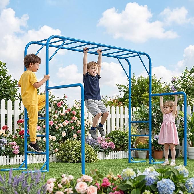 Outdoor Monkey Bar Set for Kids, with Climbing Frame, Gymnastics Bars, Playground Sets for Backyards, Metal Monkey Bars for Kids Age 3+, Backyard Set with Powder Coated Steel, Blue