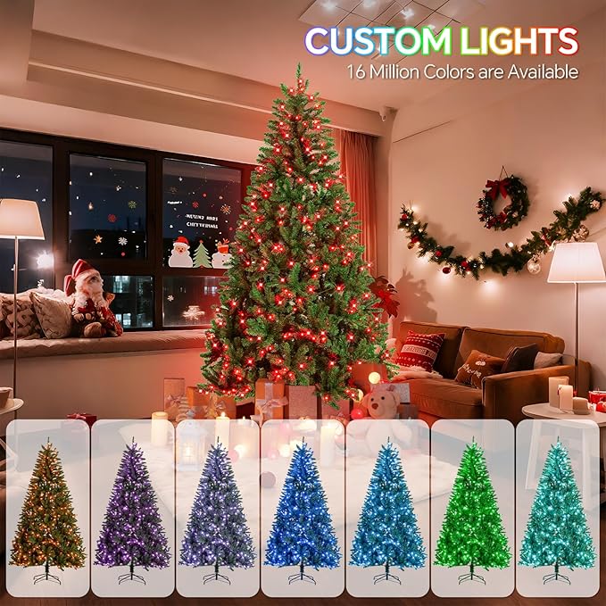 7.5FT Pre-lit Christmas Tree, RGB Color Changing Smart Artificial Christmas Tree with Lights, 1477 PVC Branch Tips, App&Remote Control, Light up Christmas Tree for Indoor Outdoor Decoration