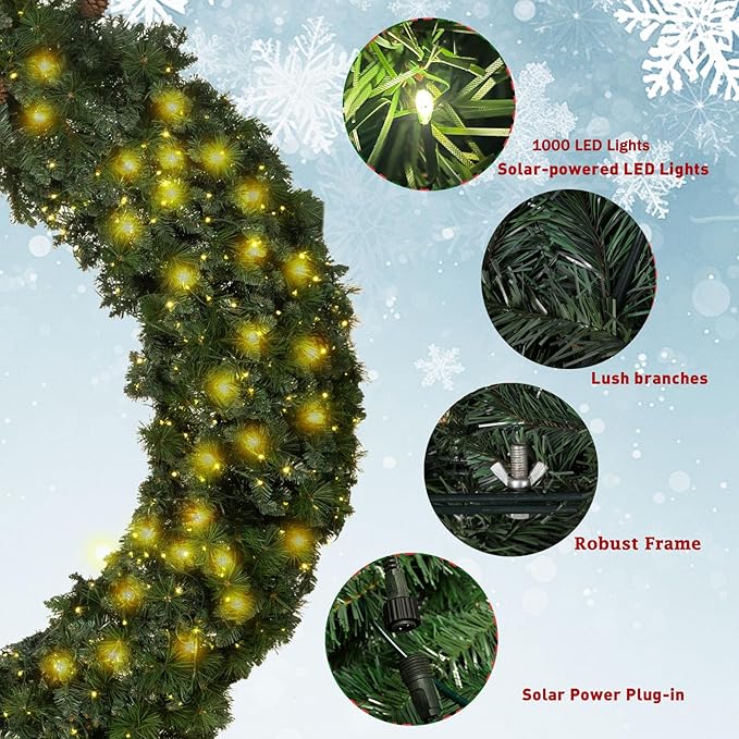 Solar Extra Large Christmas Wreath 96 Inch Pre-Lit Solar 1000 Led Warm White Lights Holiday Artificial Decor Lighted Wreath Outdoor for Green Christmas Decorations 96Inch(9601)