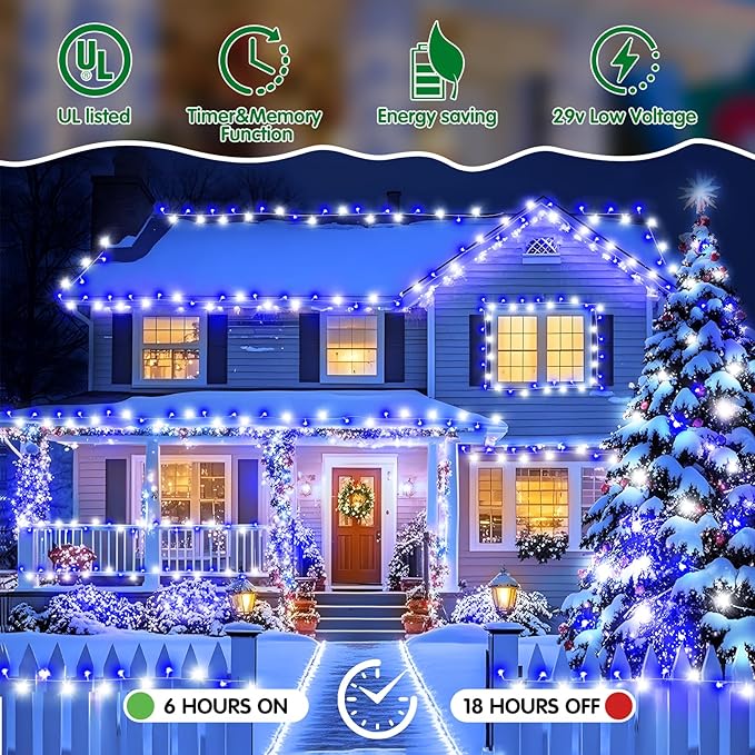Heceltt Christmas Lights Outdoor, 125FT 350 LED String Lights 8 Modes and Timer Memory Function Twinkle Fairy Lights Waterproof Plug in for Xmas Tree Wedding Party Holiday Decor(Blue and White)