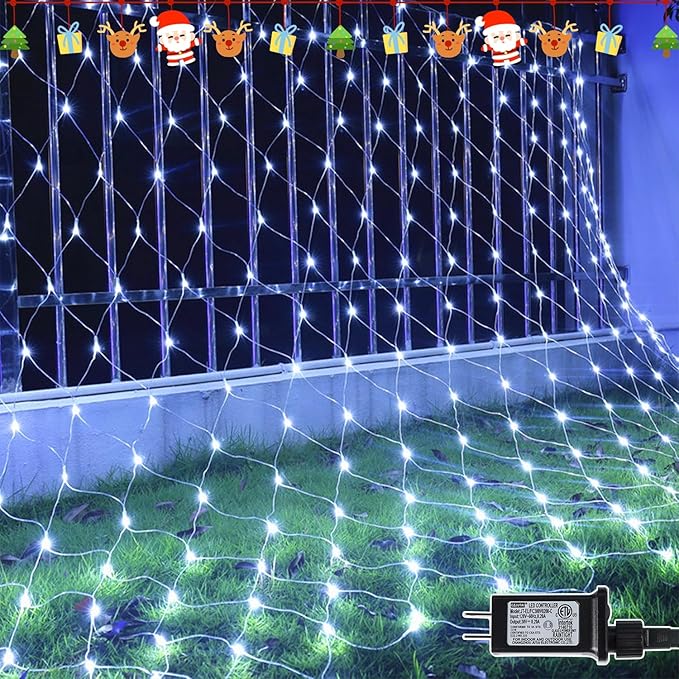 LJLNION Christmas Net Lights, 360 LED 12ft x 5ft Connectable Mesh Fairy String Lights, 8 Modes Low Voltage Safe Adaptor for Xmas Trees, Bushes, Wedding, Outdoor Holiday Garden Decorations, Cool White