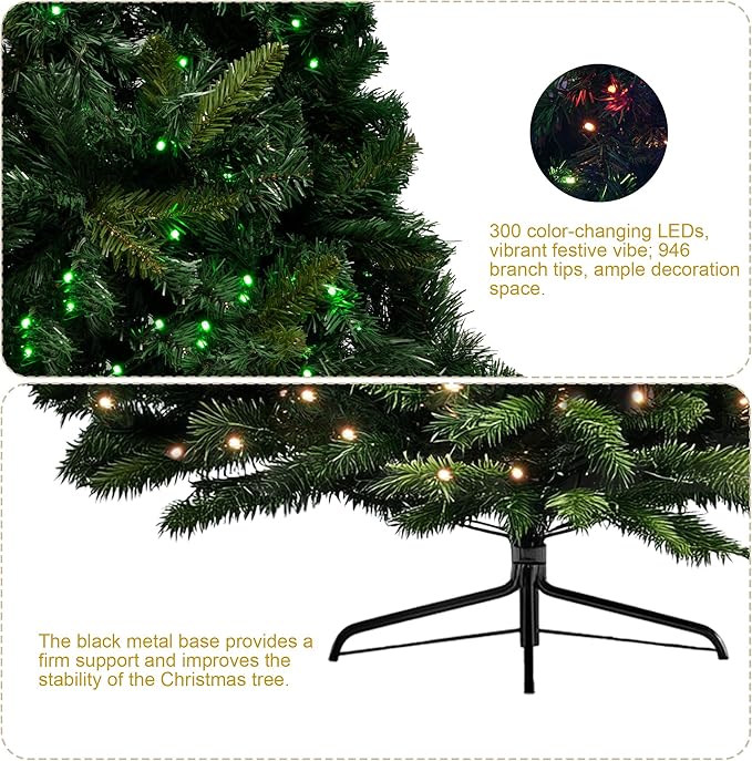 TW SHINE 6FT Smart Pre-Lit Artificial Christmas Tree, 946 Branch 300 LED Christmas Trees with Lights Remote & App &Timer, RGB Color Changing Xmas Tree for Indoor Decorations, Foldable Stand