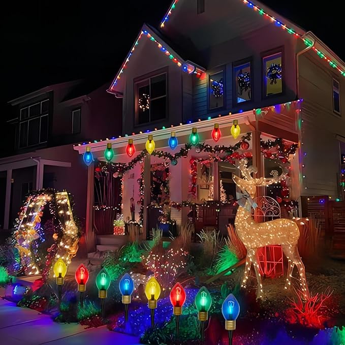 Jumbo Pathway Lights, 7FT Christmas Walkway Lights with Pathway Marker Stakes and 4 LED Clear Multicolor Bulb,Christmas Light Outdoor Decorations for Lawn Yard,4 Lights