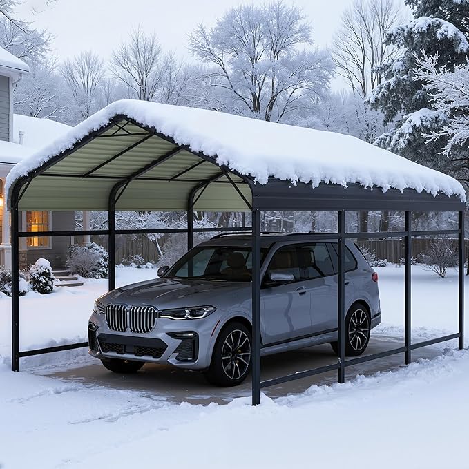 Greesum 10x15FT Metal Carport with Heavy Duty Frame and Galvanized Steel Roof, Round Carports with Side Support Rods, Canopy Shelter for Car, Pickup Trucks, Boats and Tractors, Party, Gray