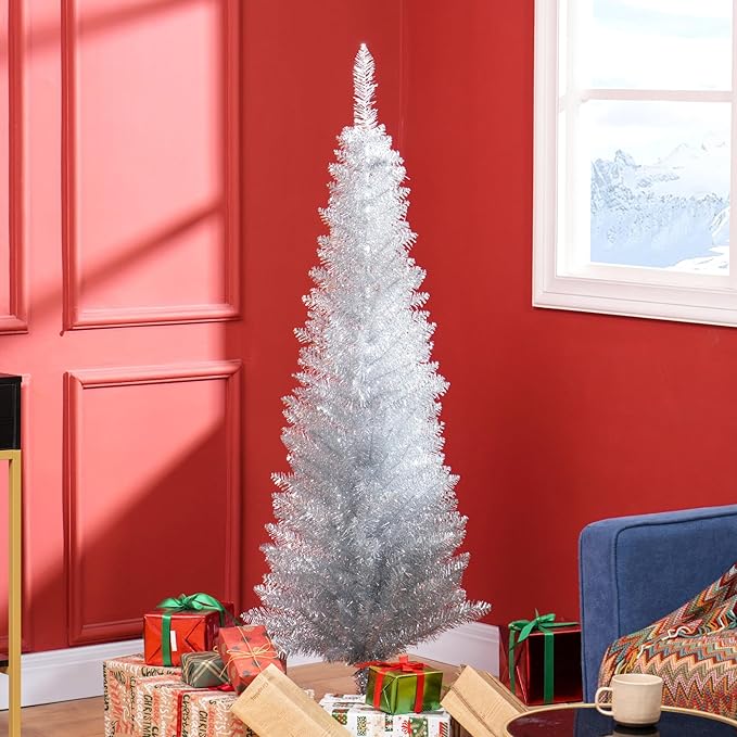 HOMCOM 5' Artificial Pencil Christmas Tree, Slim Xmas Tree with 294 Realistic Branch Tips and Plastic Stand, Silver