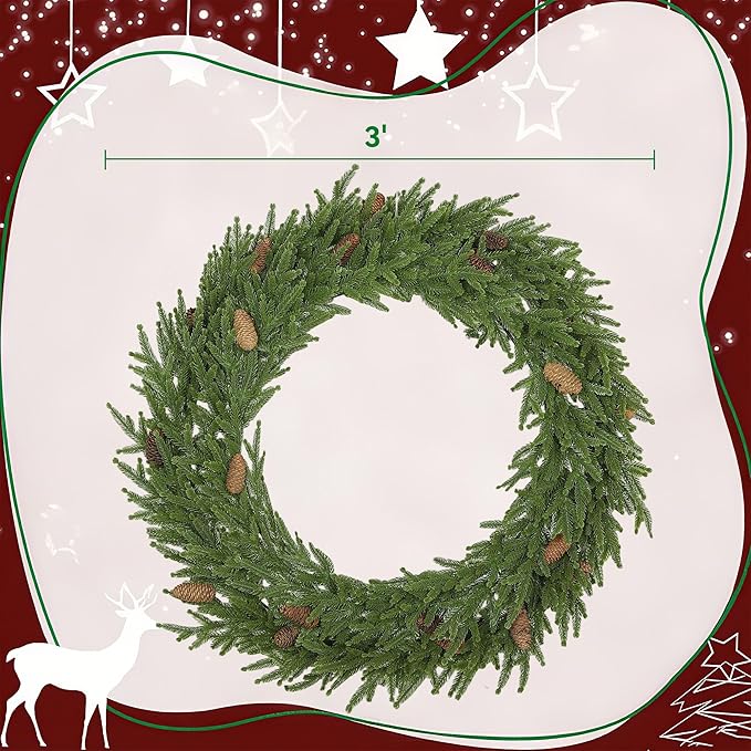 HOMCOM 36 inch Christmas Wreath with Pine Cones, Artificial Norfolk Pine Wreath with 224 Realistic Branches for Door, Wall, Window, Indoor Decoration, Green